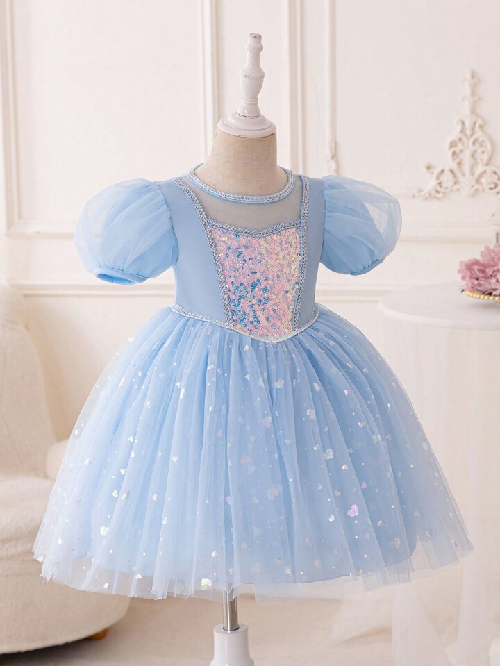 Young Girl's Princess Birthday Party Wedding Festival Sparkly Blue Bubble Sleeve Snowflake Net Ya... | SHEIN