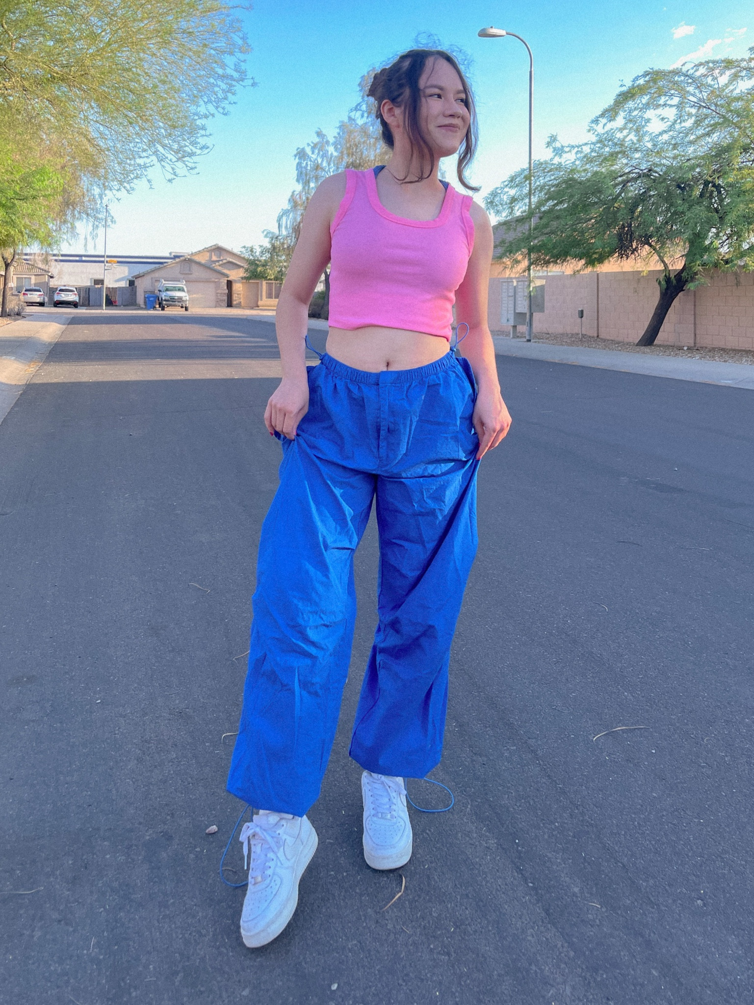 The perfect cozy summer outfit 🩷 styling these blue parachute pants 🩵 

#LTKstyletip #LTKBacktoSchool #LTKshoecrush