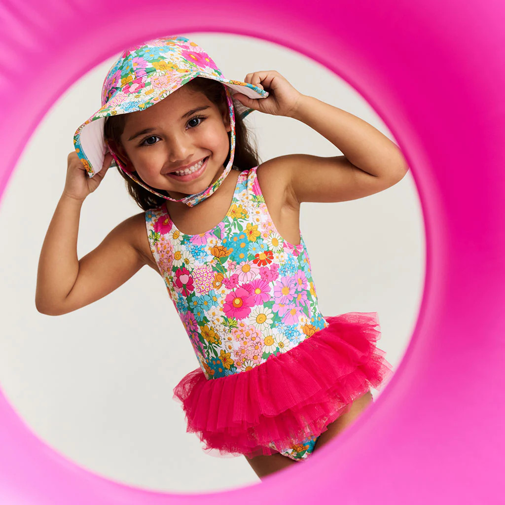 Floral Pink Girls One Piece Swimsuit | Margie | Posh Peanut