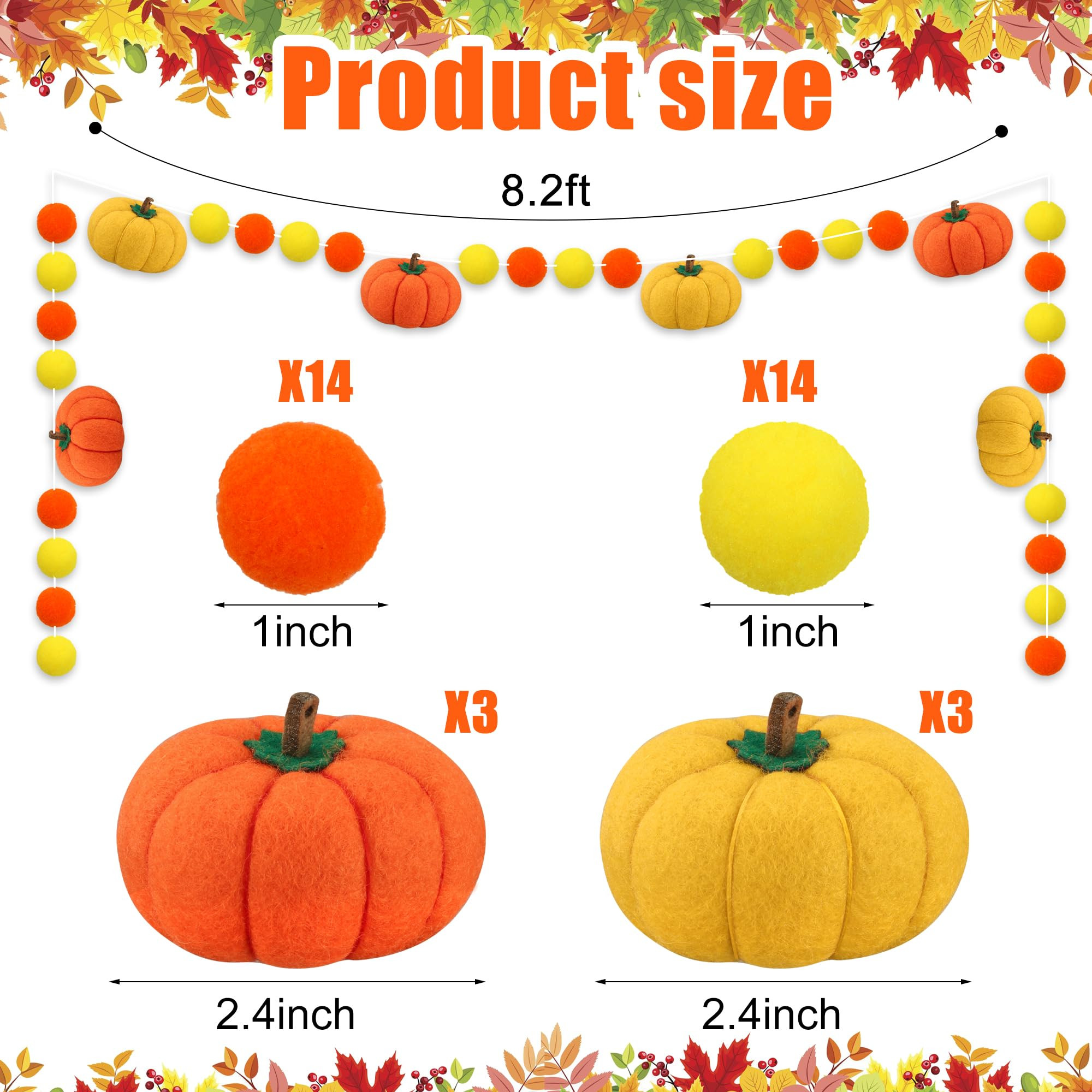 8.2 ft Fall Pumpkin Garland Decoration Halloween 3D Pumpkin Pompom Banner for Home Thanksgiving H... | Amazon (US)