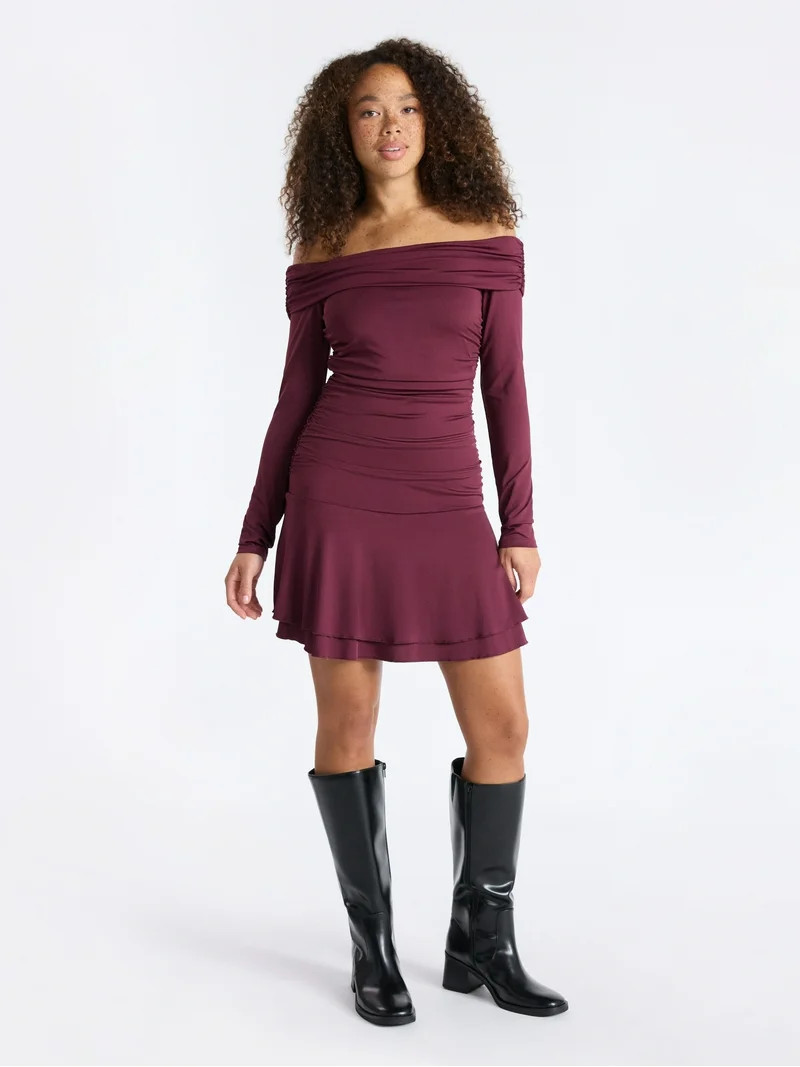 No Boundaries Off-The-Shoulder Mini Dress with Long Sleeves, Women's | Walmart (US)