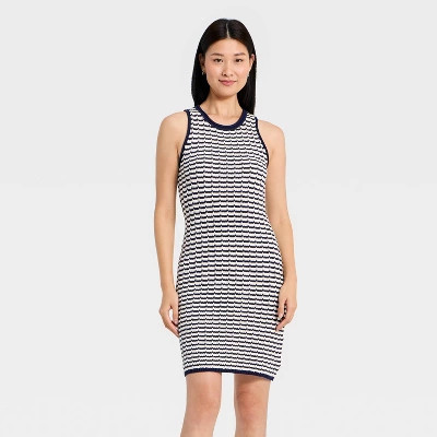 Women's Crochet Mini Sweater Dress - A New Day™ Navy Blue Striped XS | Target