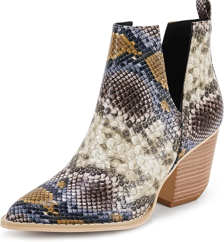 FISACE Womens Pointed Toe Stacked Mid Heel Ankle Boots V Cut Back Zipper Faux Leather Booties | Amazon (US)