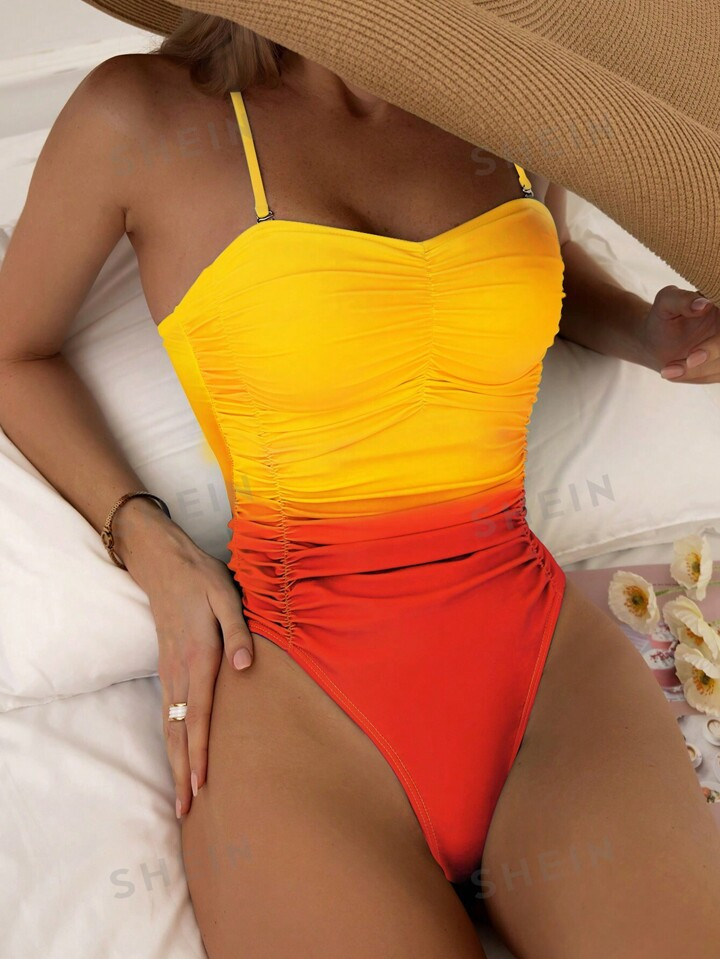SHEIN Swim Summer Beach Ombre Ruched Spaghetti Strap One-Piece Swimsuit Bathing Suit Music Festiv... | SHEIN
