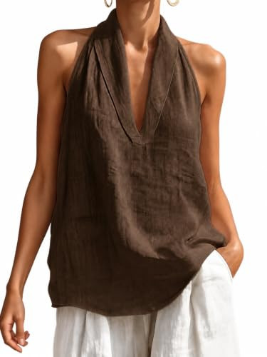 XHP Women's Halter Neck Sleeveless Blouse Shirt V Neck Loose Fit Summer Tank Top for Casual Office Coffee | Amazon (US)