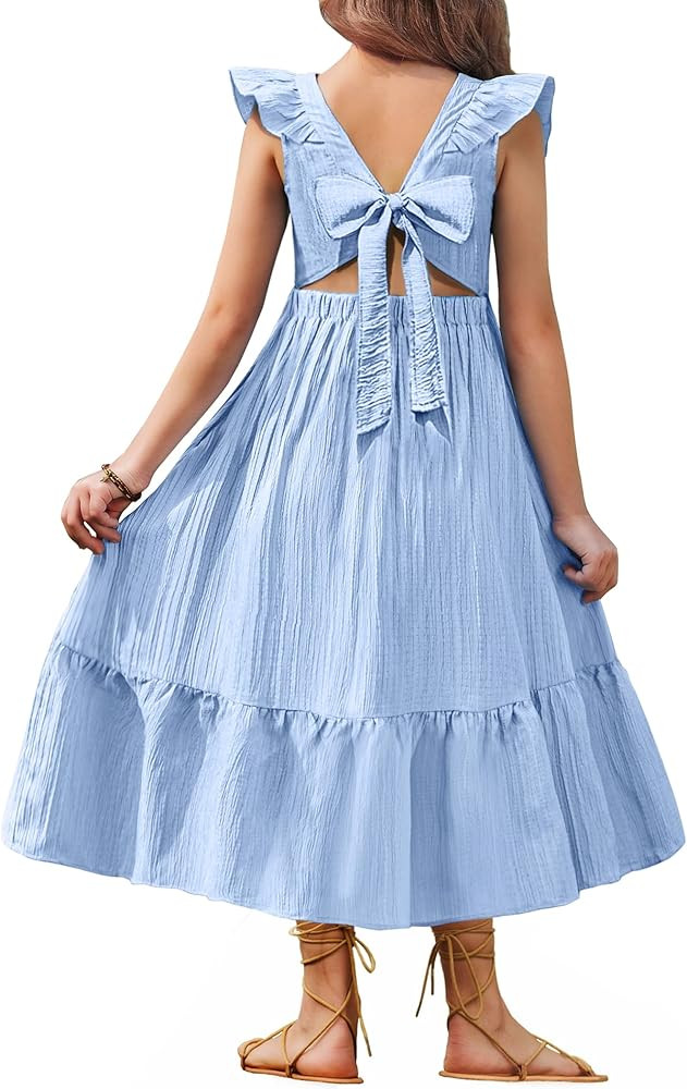 Arshiner Girls Summer Tie Back Dress Tween Boho Casual Square Neck Flutter Sleeve Maxi Dresses wi... | Amazon (US)
