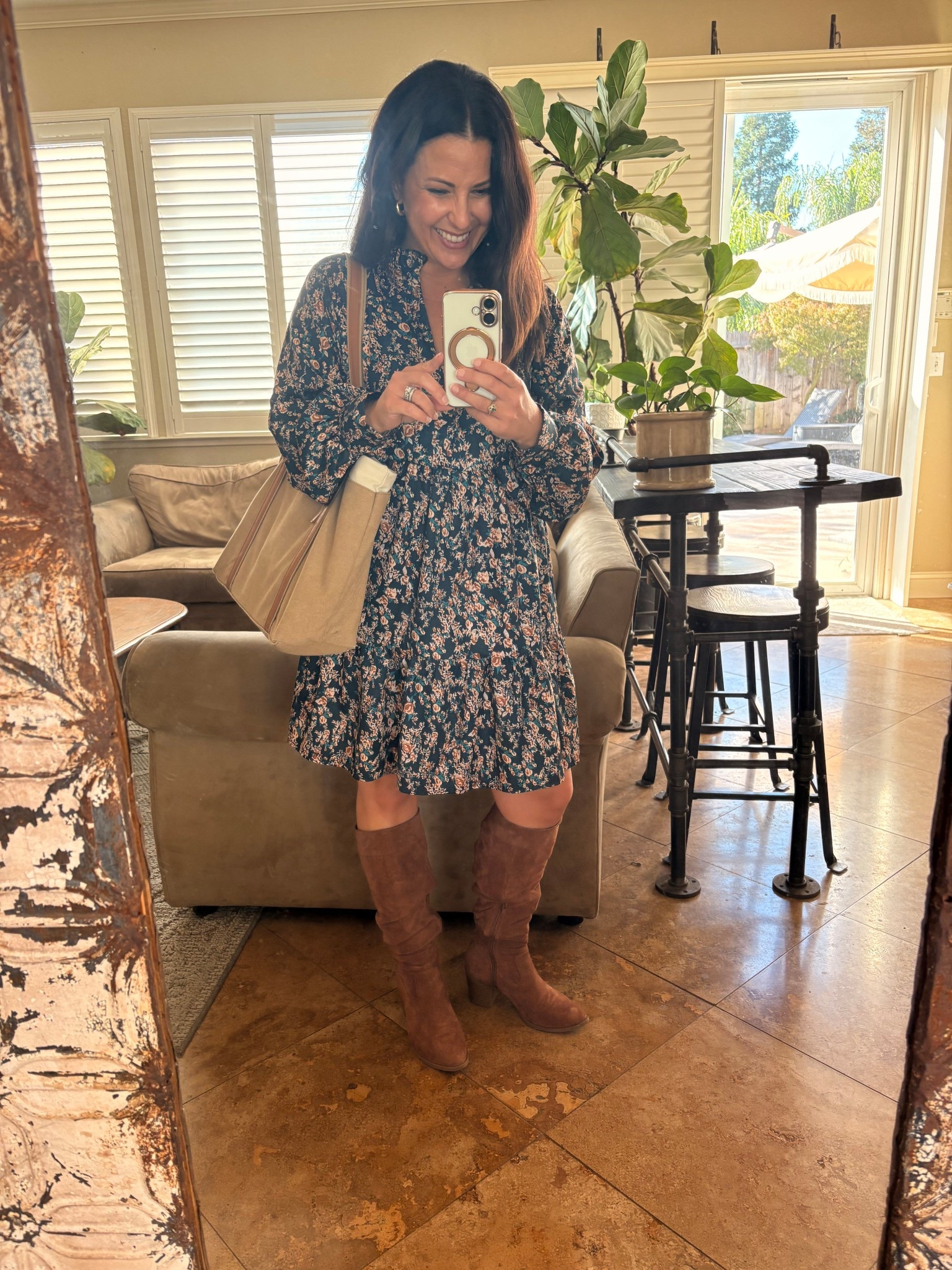 Perfect little fall floral long sleeve dress with boots. Wearing a small. 

Teacher style
Fall outfit

#LTKWorkwear #LTKOver40 #LTKPetite