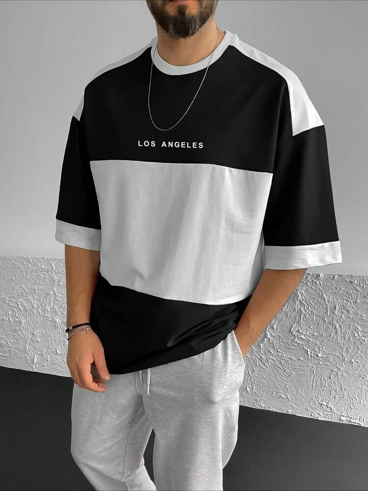 Manfinity Homme Camiseta De Manga Corta Para Hombre Con Ajuste Holgado, Estampado De Letras En Bloques De Color, Adecuada Para Uso Casual En Verano | SHEIN