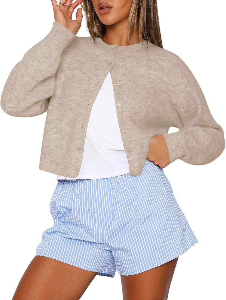 Kistore Womens Cropped Cardigan Sweaters Crew Neck Long Sleeve Button Up Sweaters Lightweight Kni... | Amazon (US)