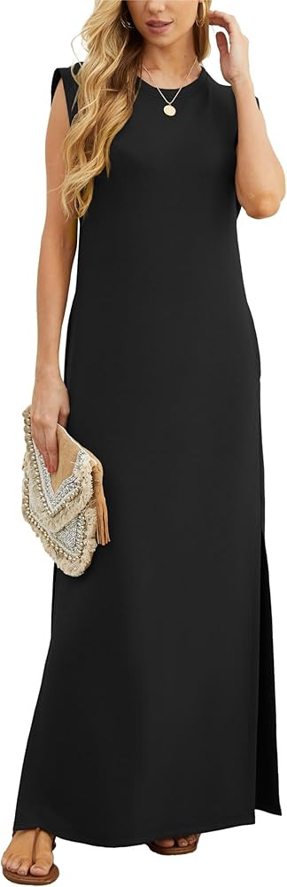 GRECERELLE 2024 Women Summer Crew Neck Casual Loose Split Wrinkle-Free Long Maxi Beach Dress with... | Amazon (US)