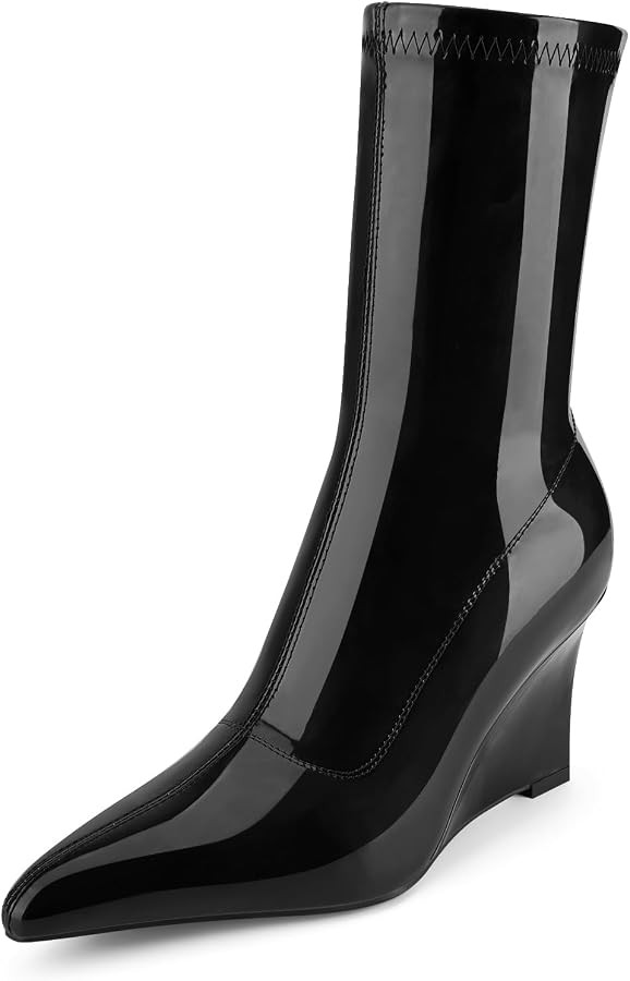 Oh Mispares Women’s Mid Calf Boots Wedge Heel Pointed Toe Side Zipper Ankle Short Boots Closed ... | Amazon (US)