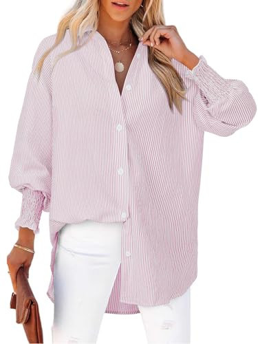 Pink and White Striped Shirt V Neck Button Up French Long Sleeve Work Casual Spring Ladies Button Down Shirts and Blouses Boyfriends Shirt Oversized High Low Hem Tunic Tops for Leggings Loose Fit | Amazon (US)