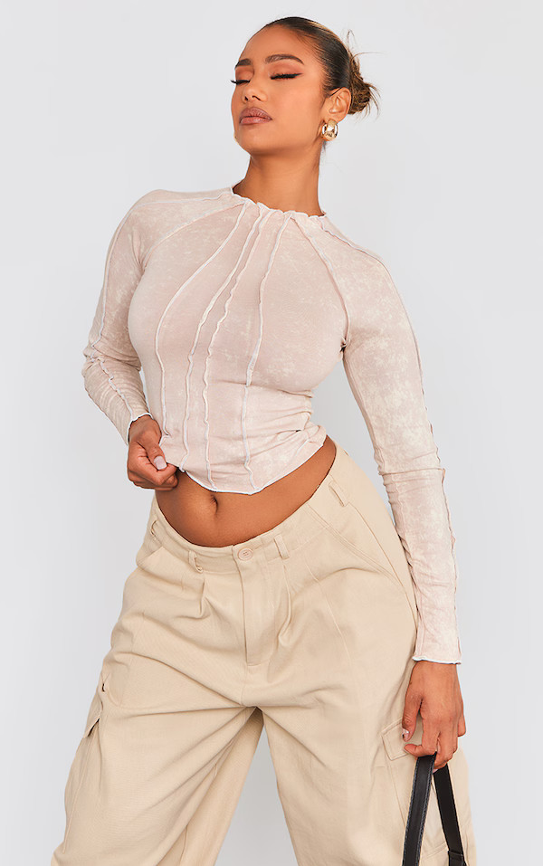 Stone Washed Cotton Exposed Seam Long Sleeve Top | PrettyLittleThing US