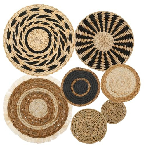 7 Pack Boho Wall Basket Decor Set, Hanging Woven Wall Basket Decor, Seagrass Rattan Wicker Boho Wall Decor, Round Farmhouse Wall Hanging Baskets Rustic Flat Wall Art for Living Room Bedroom Kitchen | Amazon (US)