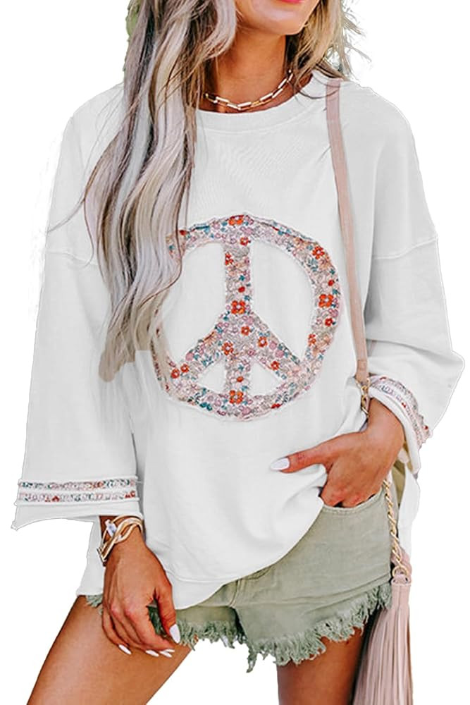 KevaMolly Womens Long Sleeve Tops Floral Peace Symbol Drop Shoulder Sweatshirt Crewneck Casual Pu... | Amazon (US)