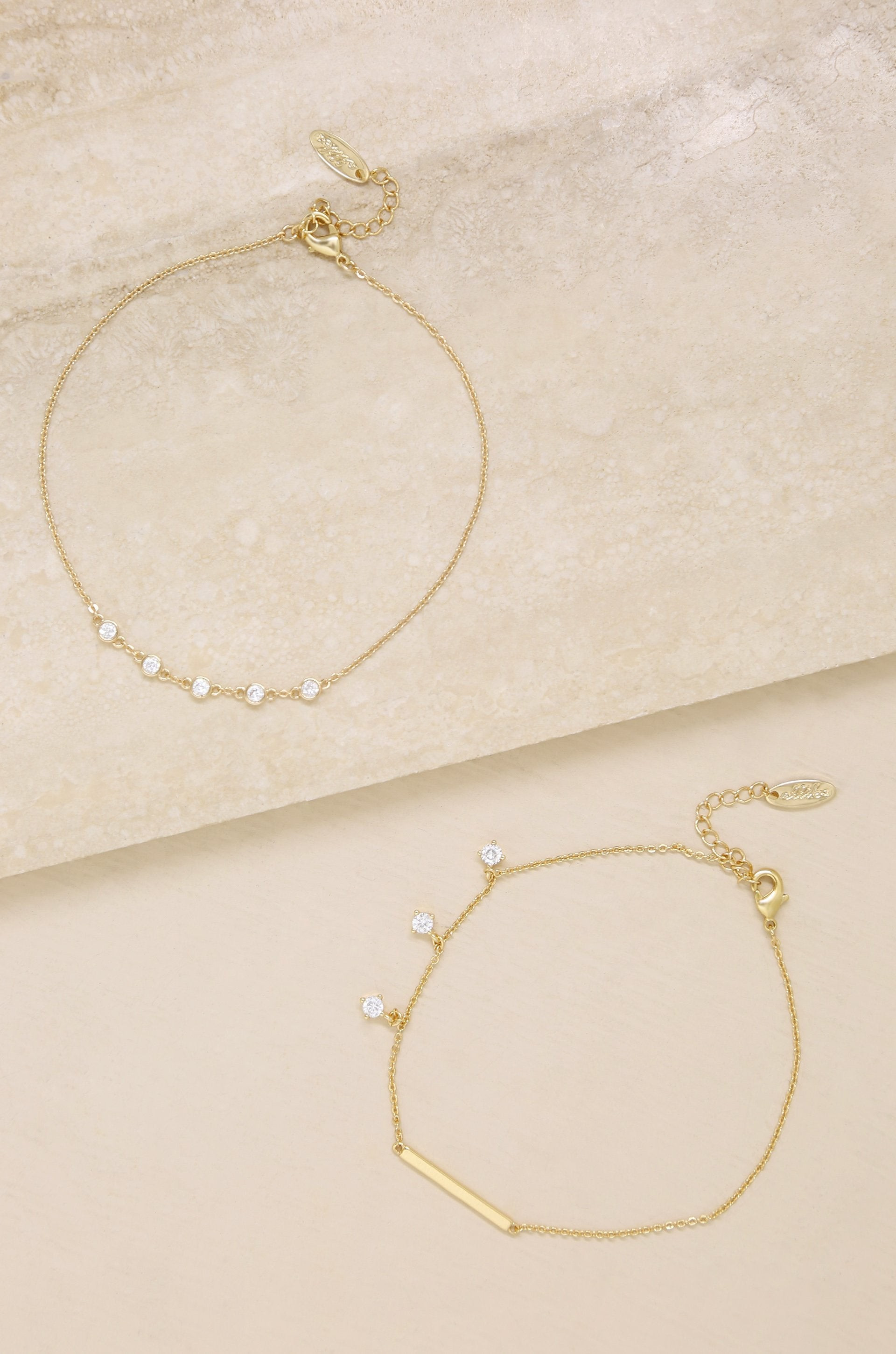 Dainty 18k Gold Plated Chain & Crystal Anklet Set of 2 | Ettika