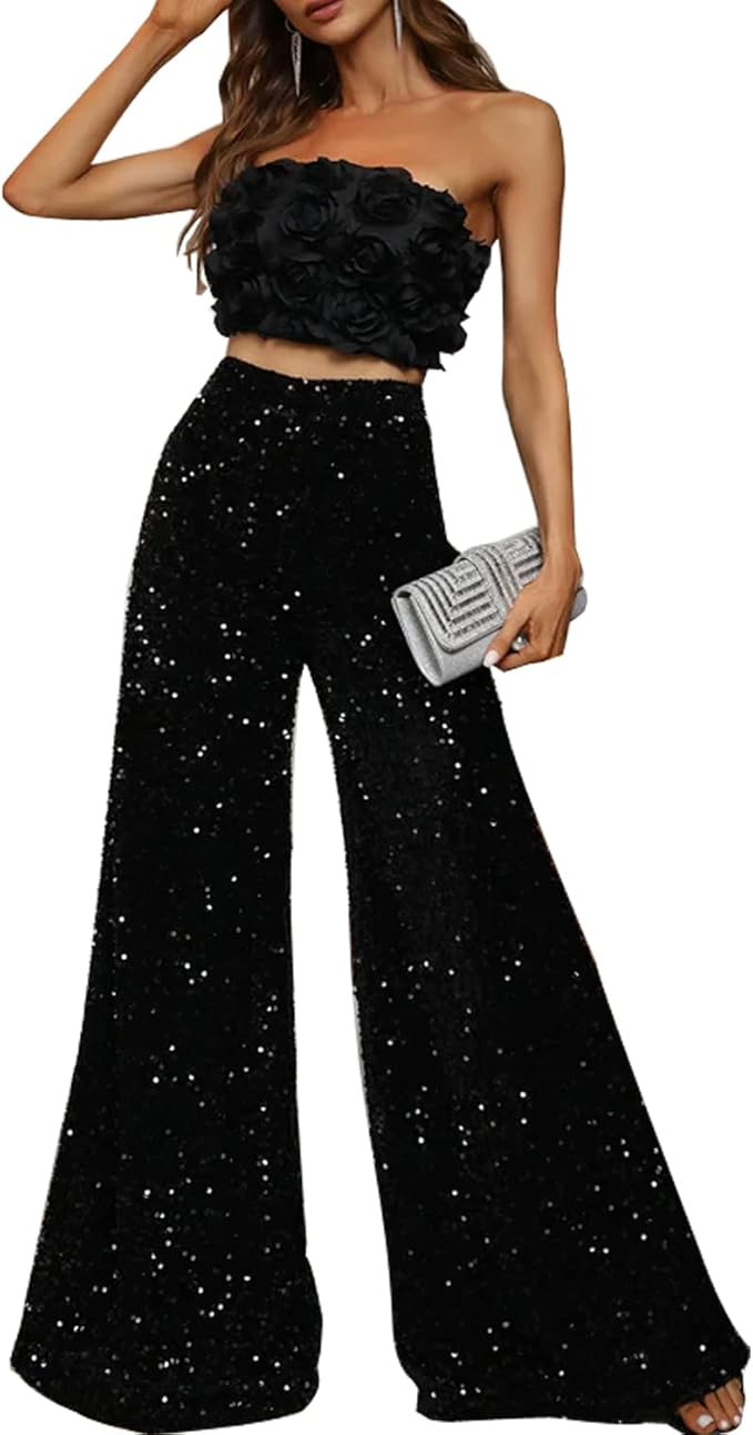NOYIVA 2 Piece Set 3D Flower Strapless Crop Tube Top Prom Tops High Waist Sequin Flare Leg Pants ... | Amazon (US)