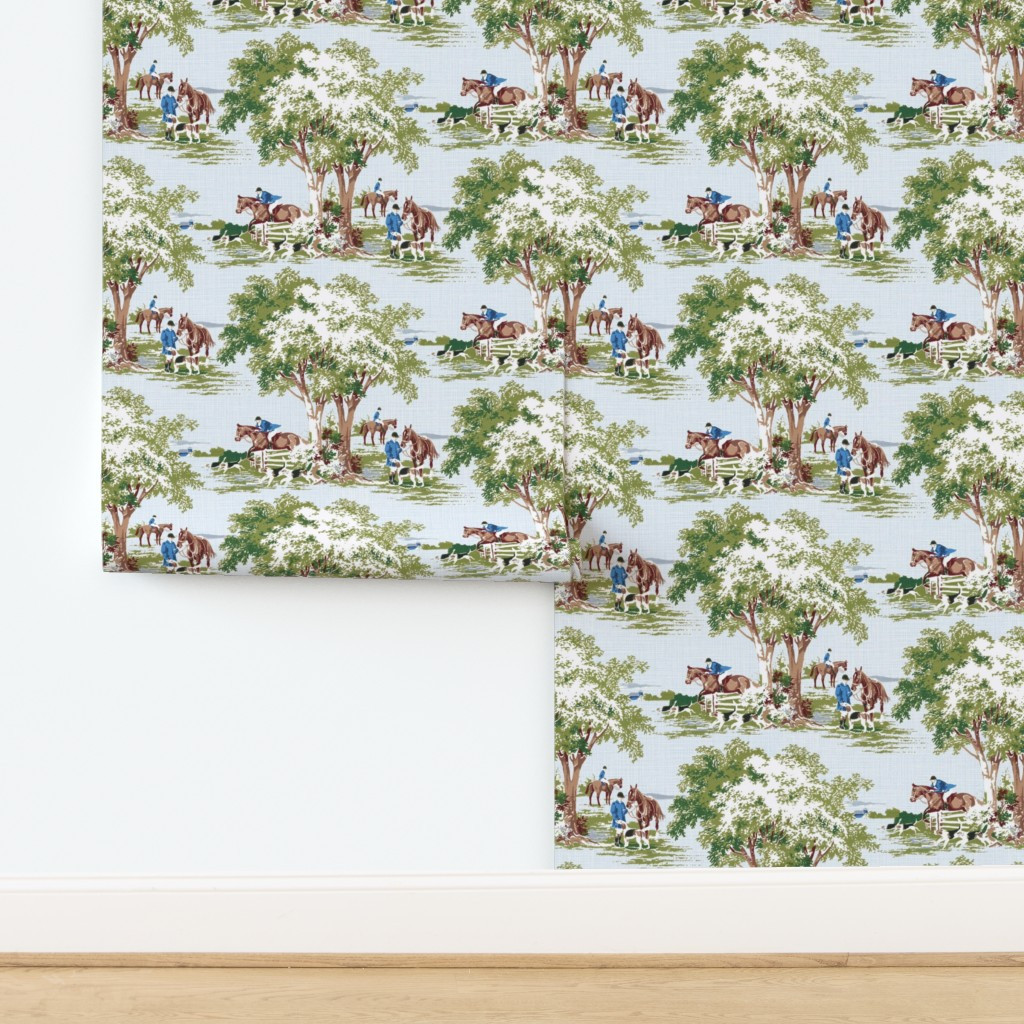 104Equestrian Hunt Scene Blue Wallpaper byponymacaroni | Spoonflower