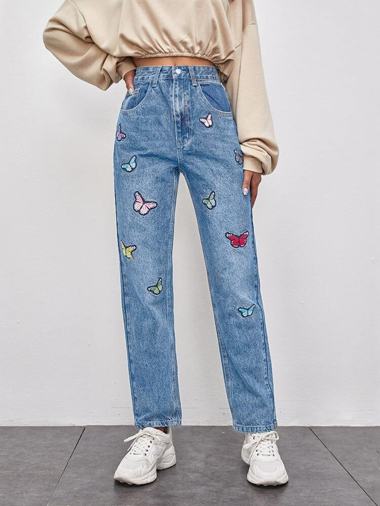 Zipper Fly Butterfly Embroidered Patched Straight Leg Jeans | SHEIN