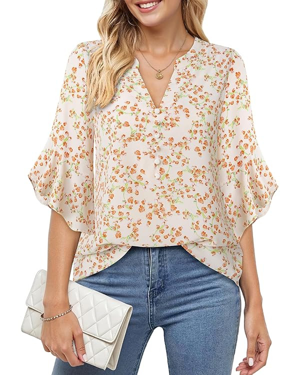 Lotusmile Womens 3/4 Sleeve Tops Dressy Business Casual Outfits V Neck Chiffon Work Blouses | Amazon (US)