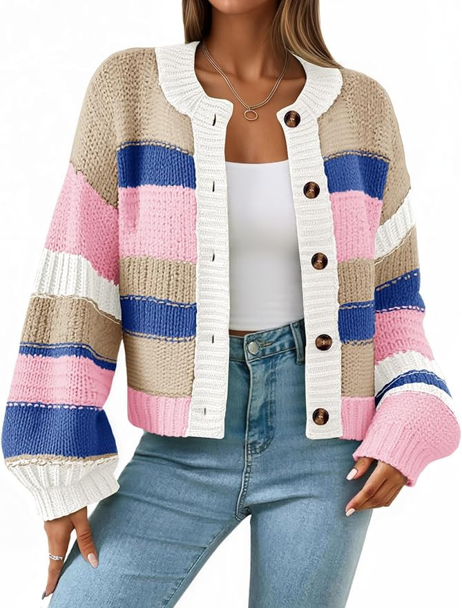 Saodimallsu Womens Striped Chunky Cardigan Sweaters Button Up Fall Trendy Color Block Long Sleeve... | Amazon (US)