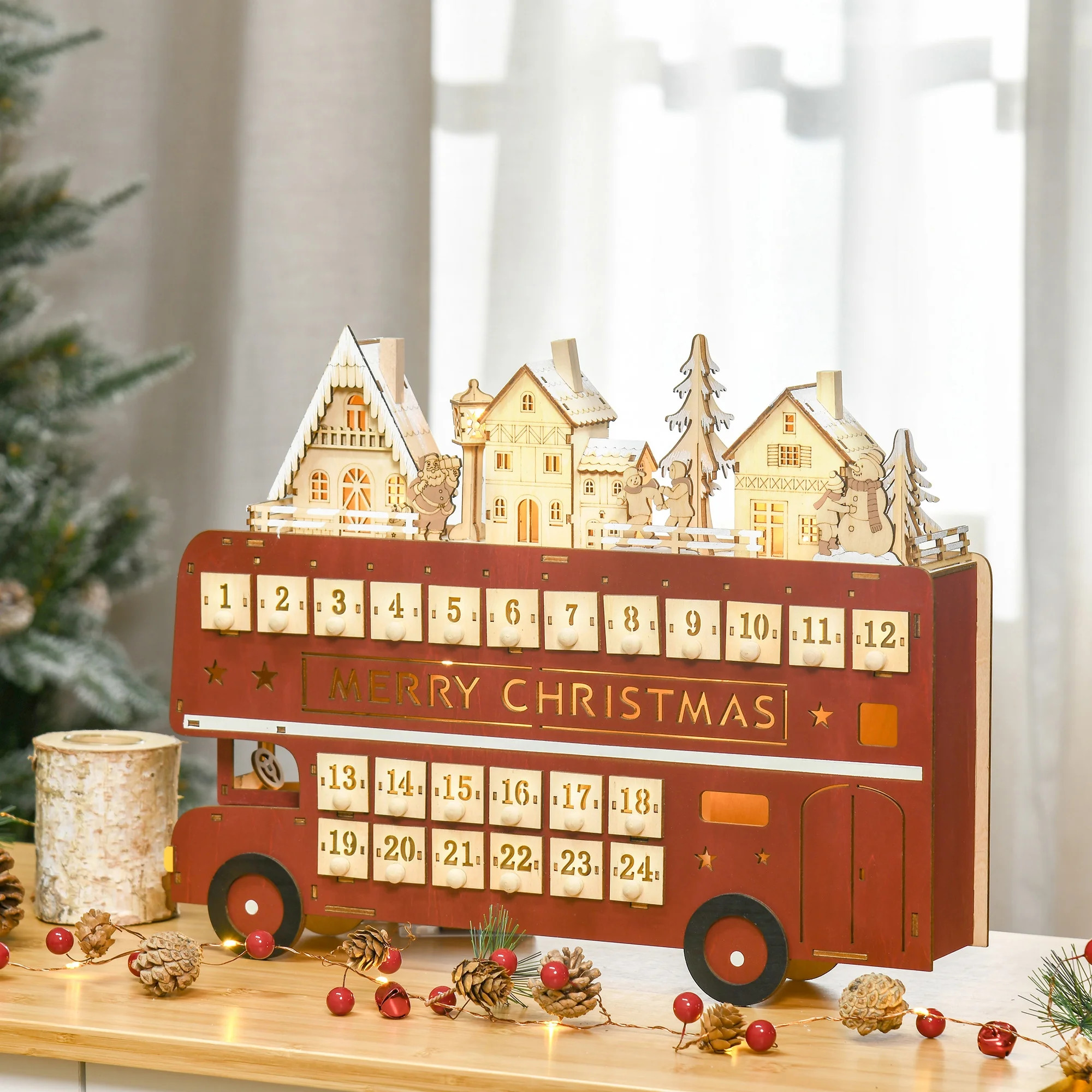 HOMCOM Christmas Advent Calendar, Light Up Table Xmas Wooden Bus Holiday Decoration with Countdow... | Walmart (US)