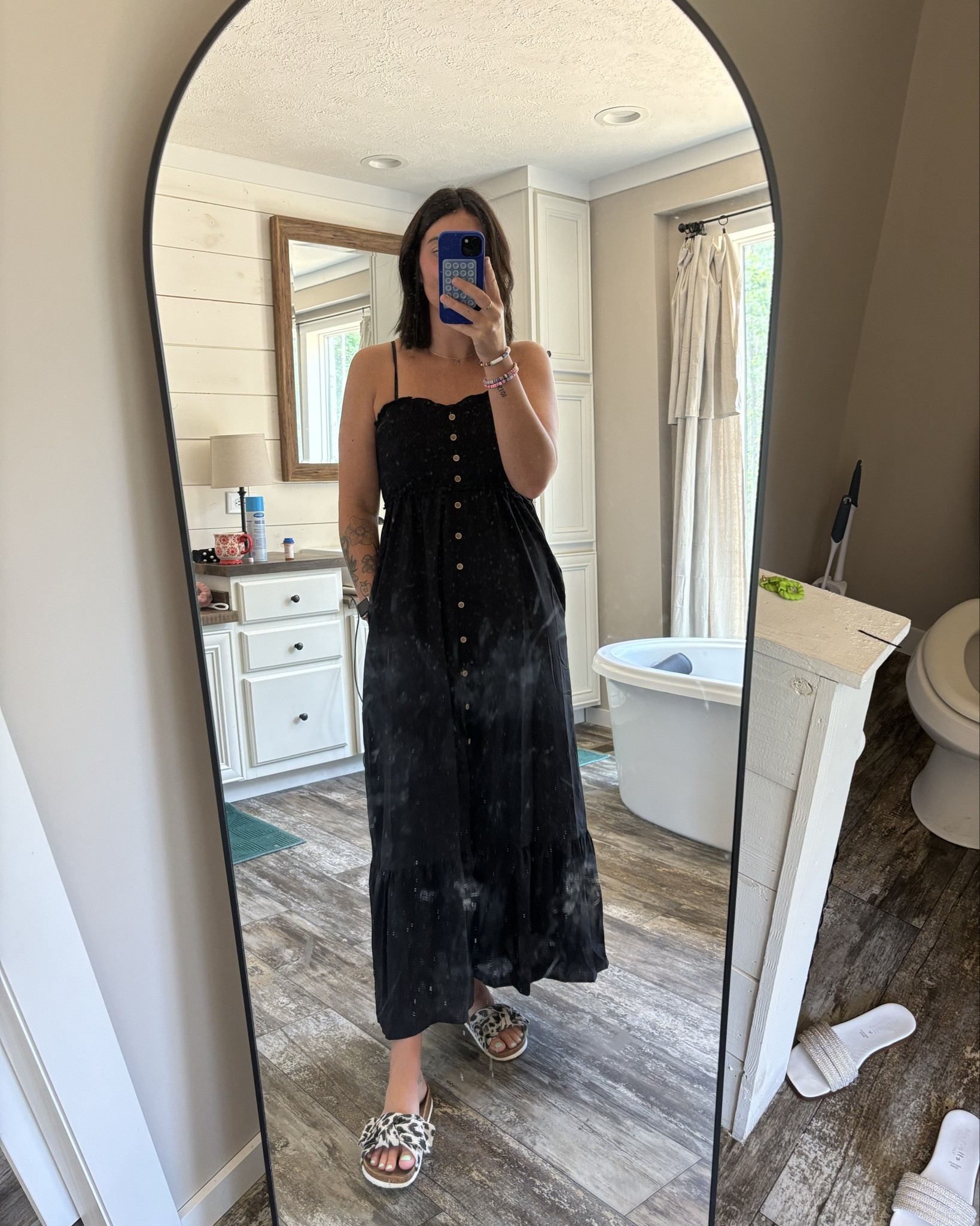Casual maxi for today! Double lined, adjustable sleeves, midi length for me—I’m 5’9. And has pockets!! I love solid black paired with fun, colorful bracelets for a good pop of color  

#LTKSeasonal #LTKSummerSales #LTKStyleTip