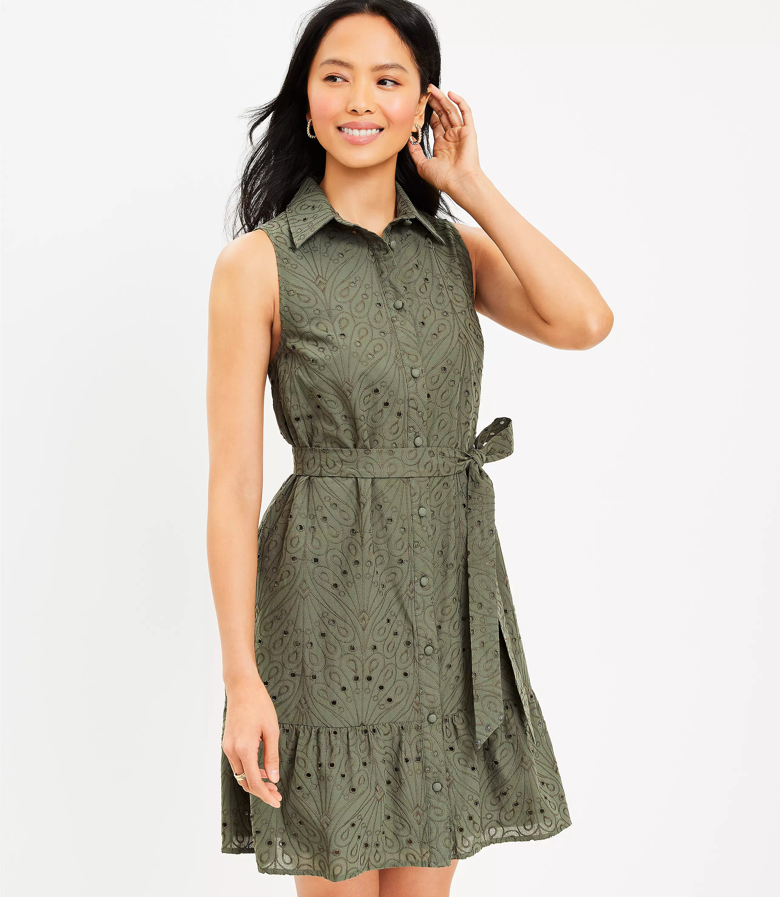 Eyelet Button Sleeveless Flounce Dress | LOFT