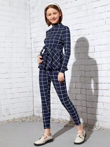 SHEIN Teen Girls Grid Print Tie Front Top And Pants Set SKU: sk2108132672719574(100+ Reviews)$13.... | SHEIN
