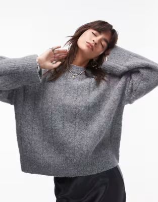 Topshop knitted vertical rib crew oversized jumper in grey | ASOS (Global)