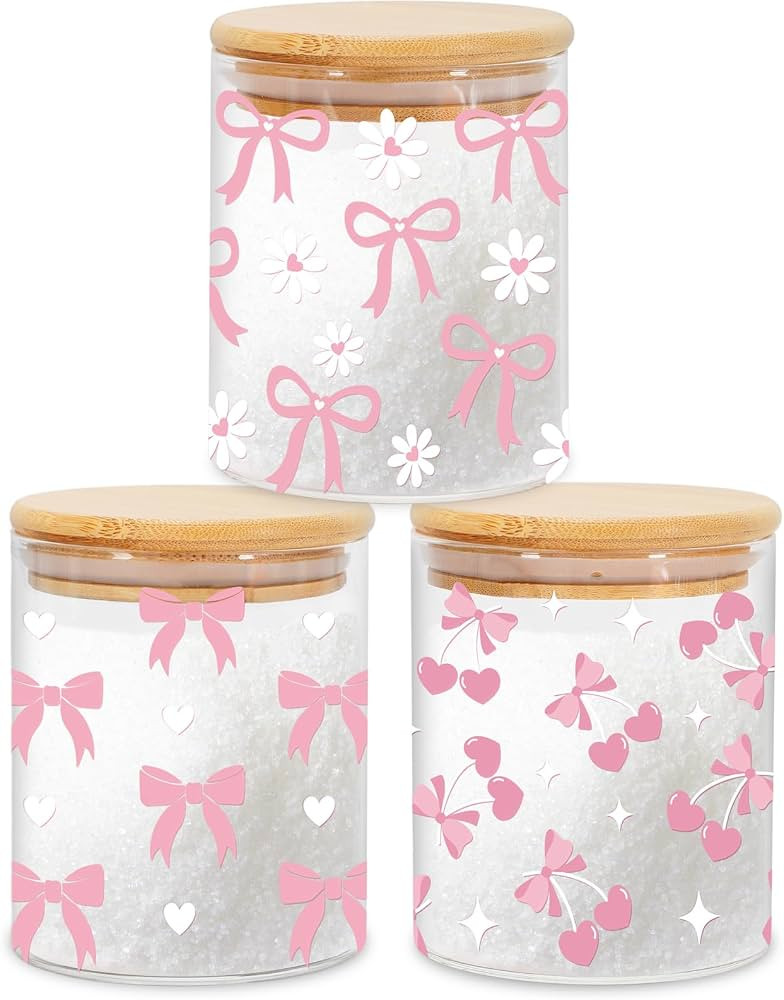 3 Pcs Pink Bow Glass Storage Jars with Airtight Lid Cute Bow Cherry Floral Decorative Canisters S... | Amazon (US)