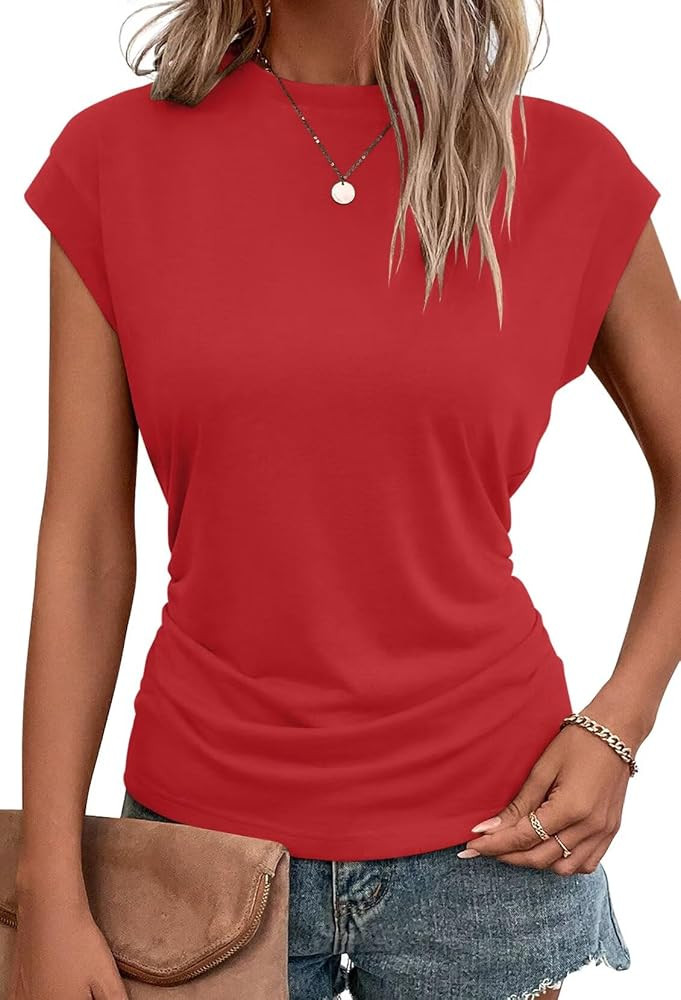 Bliwov Womens Summer Tops Cap Sleeve Crew Neck T Shirts Spring Trendy Fashion Outfits Business Be... | Amazon (US)