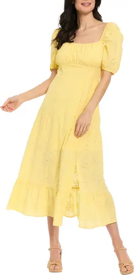 Floral Embroidered Eyelet Puff Sleeve Cotton Midi Dress | Nordstrom Rack
