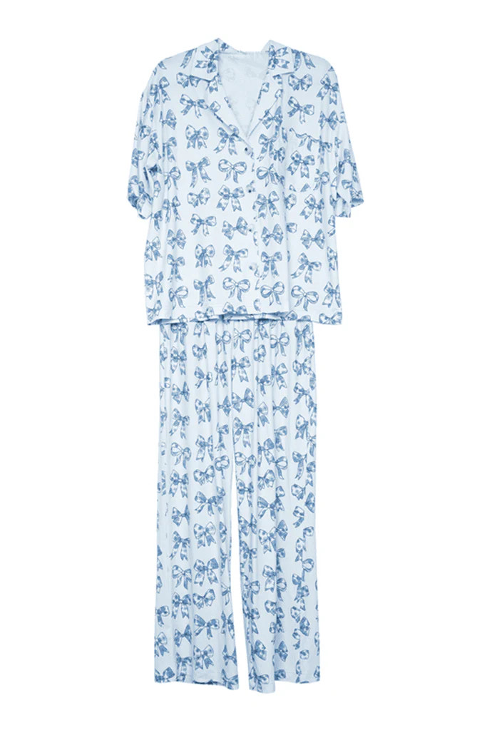 Light Blue Toile Coquette Bows Lounge Pants Set | Katydid