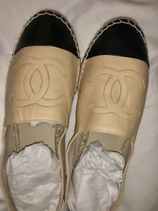 Details about   Mint Authentic Chanel Espadrilles Flats Beige/Black Leather Shoes Size 39 | eBay US