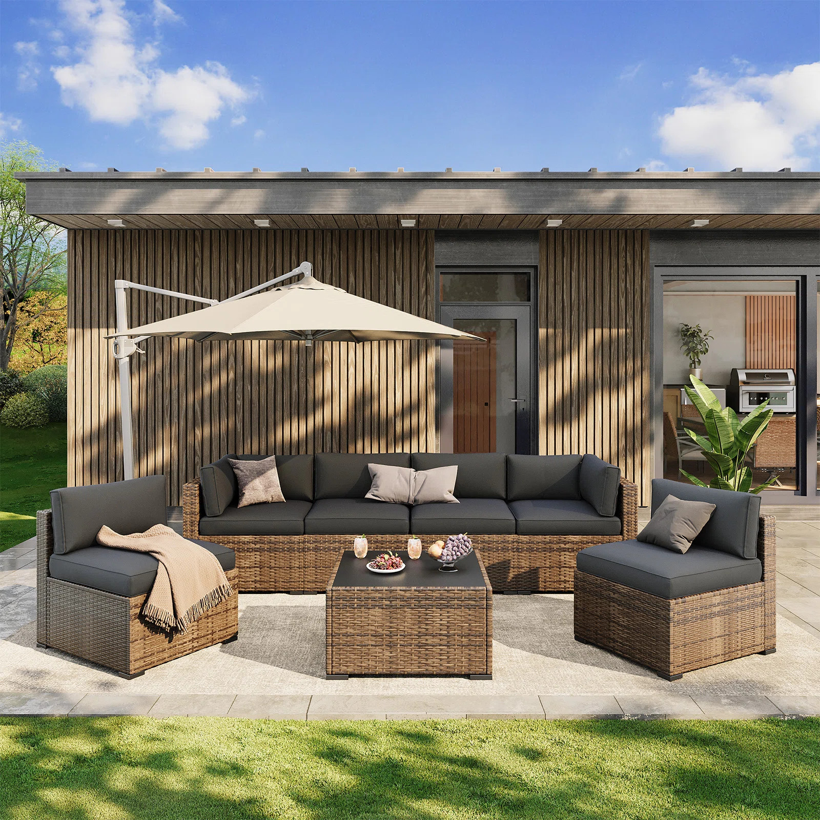 7 Pieces Outdoor Patio Furniture Set, With Cushions And Glass Coffee Table, Pe Rattan Outdoor Wic... | Wayfair North America