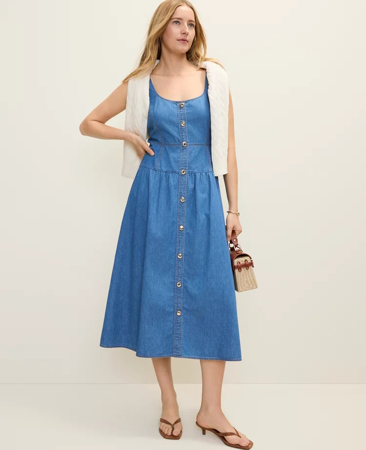 Weekend Chambray Flare Midi Dress | Ann Taylor