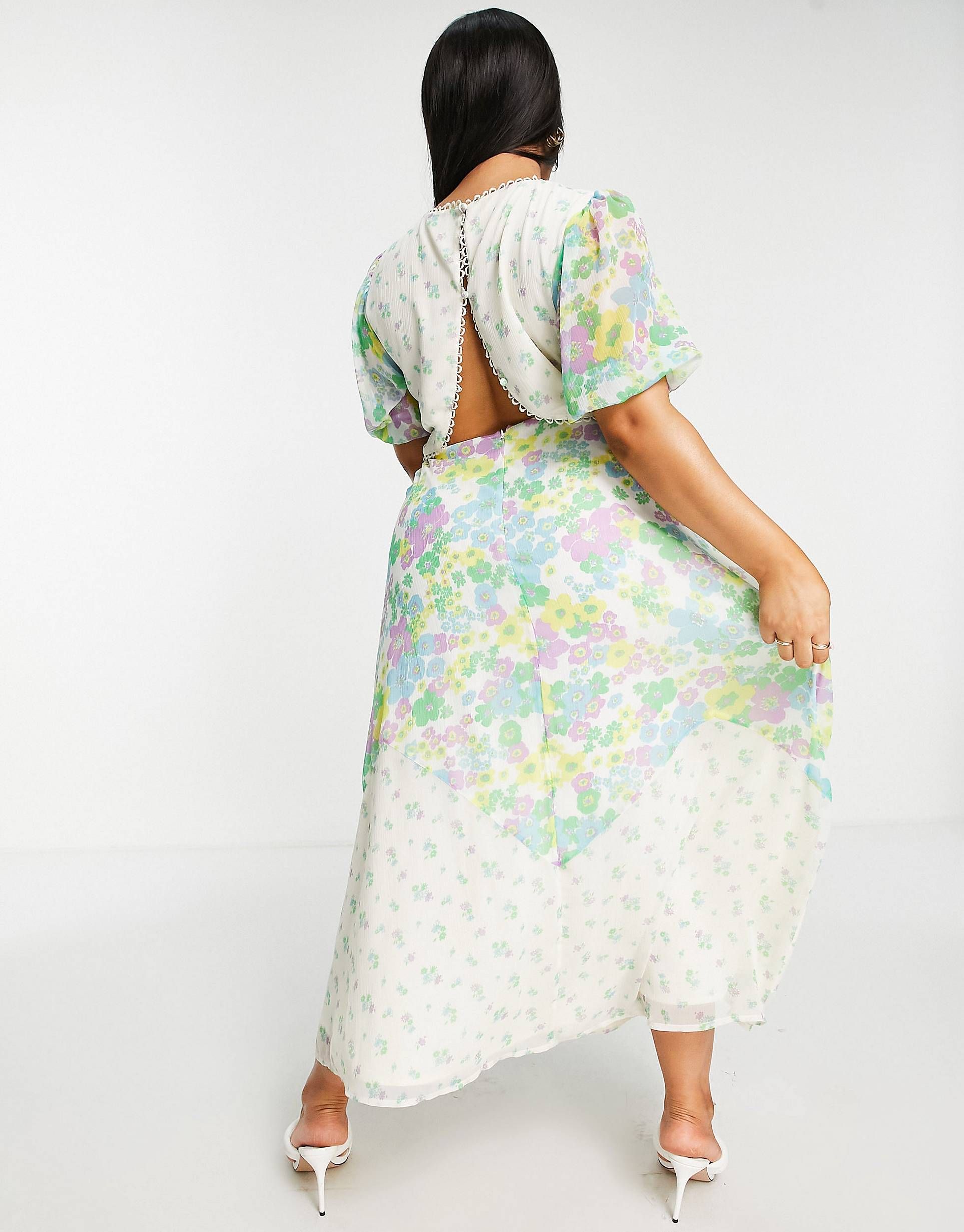 ASOS DESIGN Curve lace insert cutout tea maxi dress in mixed print | ASOS (Global)
