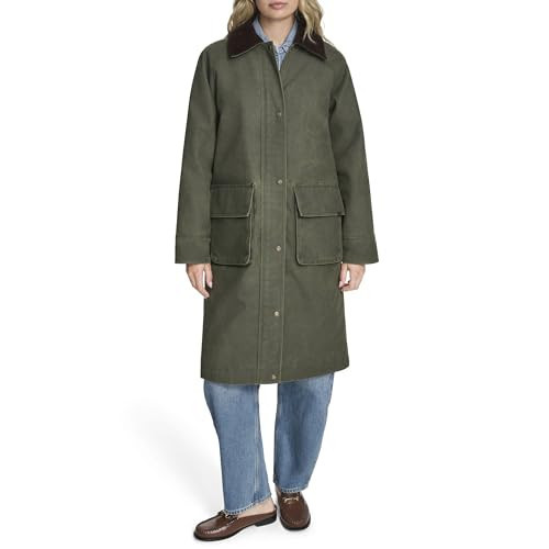 Levi's Women's Wax Look Long Barn Coat with Plaid Lining, Dark Olive, Medium | Amazon (US)