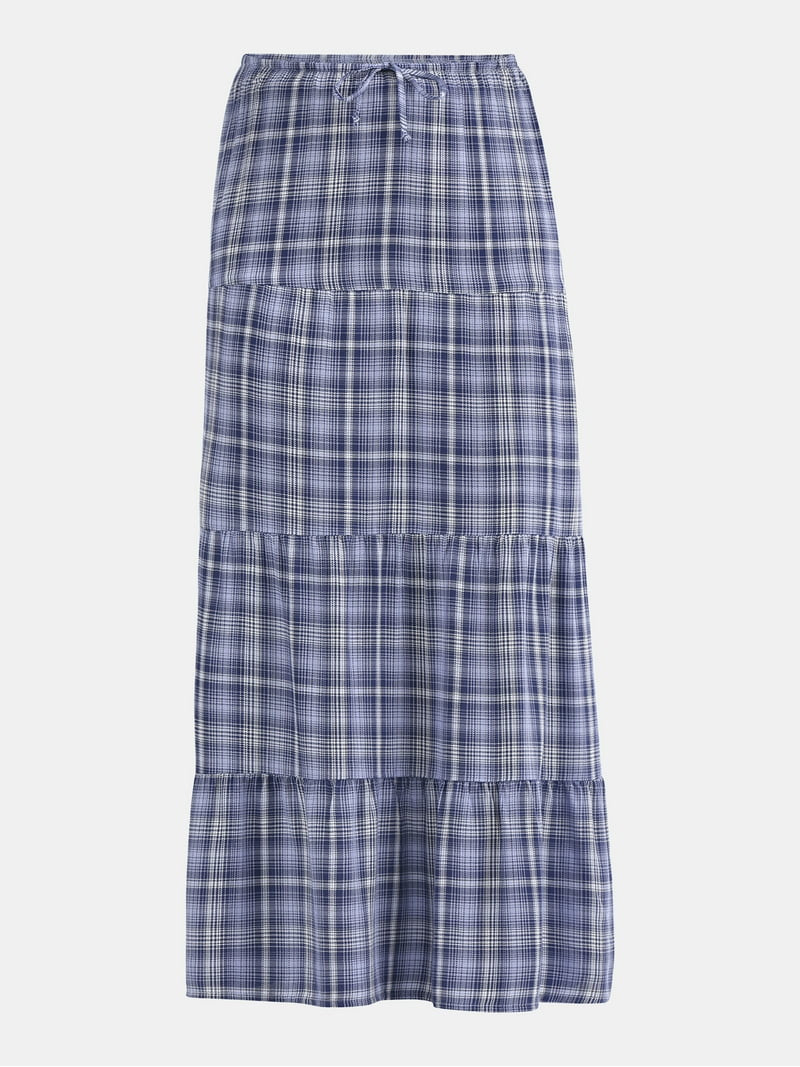 No Boundaries Woven Plaid Tiered Maxi Skirt, Women's | Walmart (US)