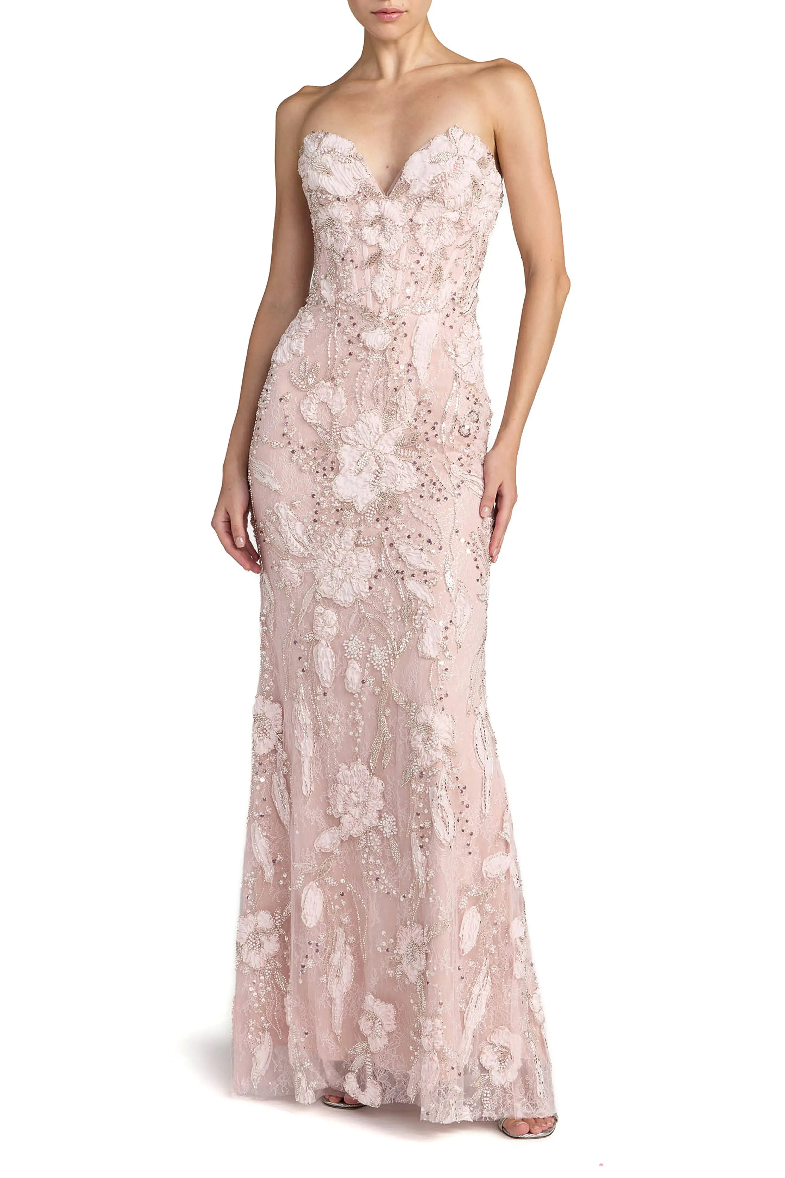 Mac Duggal Floral Beaded Mesh Strapless Column Gown in Porcelain at Nordstrom, Size 6 | Nordstrom