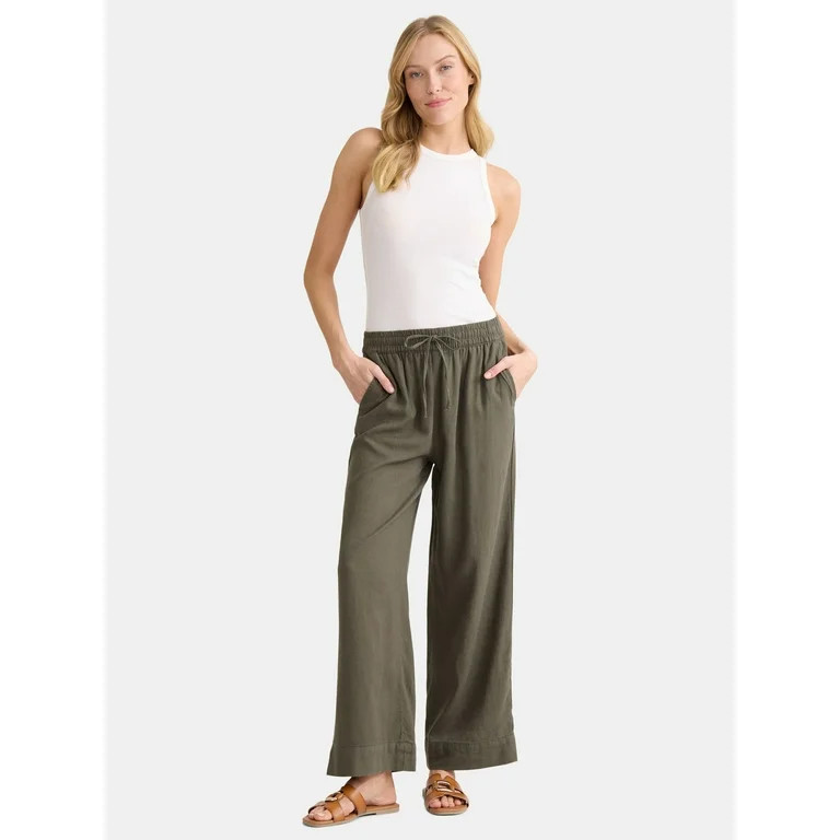 Time and Tru Women's and Women's Plus Wide Leg Linen Blend Pants, 29" Inseam, Sizes XS-4X | Walmart (US)
