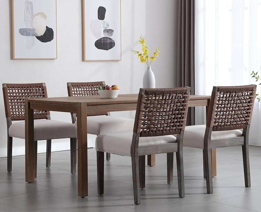 Kmax Farmhouse Dining Chairs Set of 6, Rustic Kitchen Chairs with Linen Fabric Seat and Woven Bac... | Amazon (US)