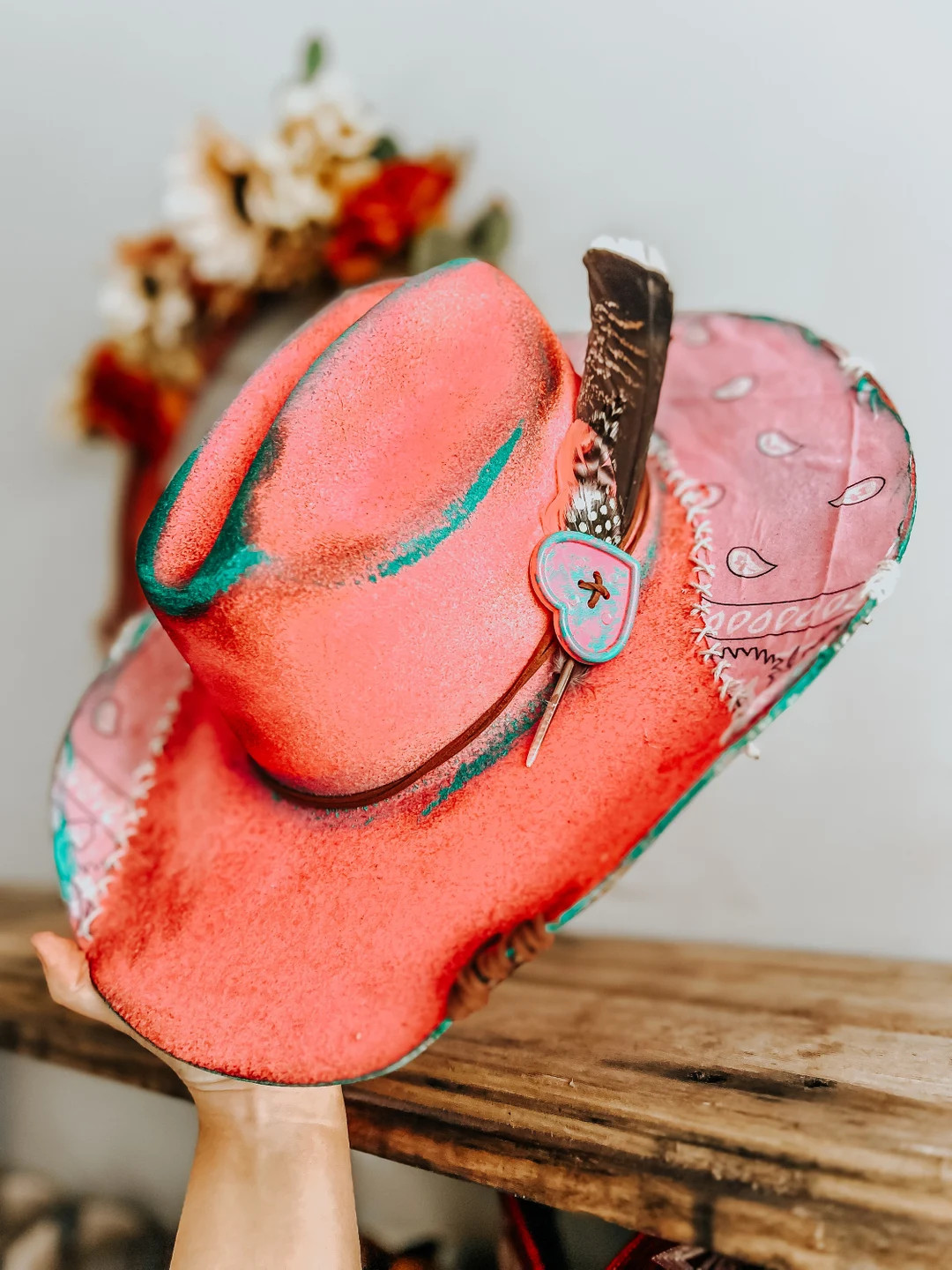 Pink & Punchy Cowgirl Burned Cowboy Hat Feathered Cowboy Hat Distressed Hat Neon Hat - Etsy | Etsy (US)