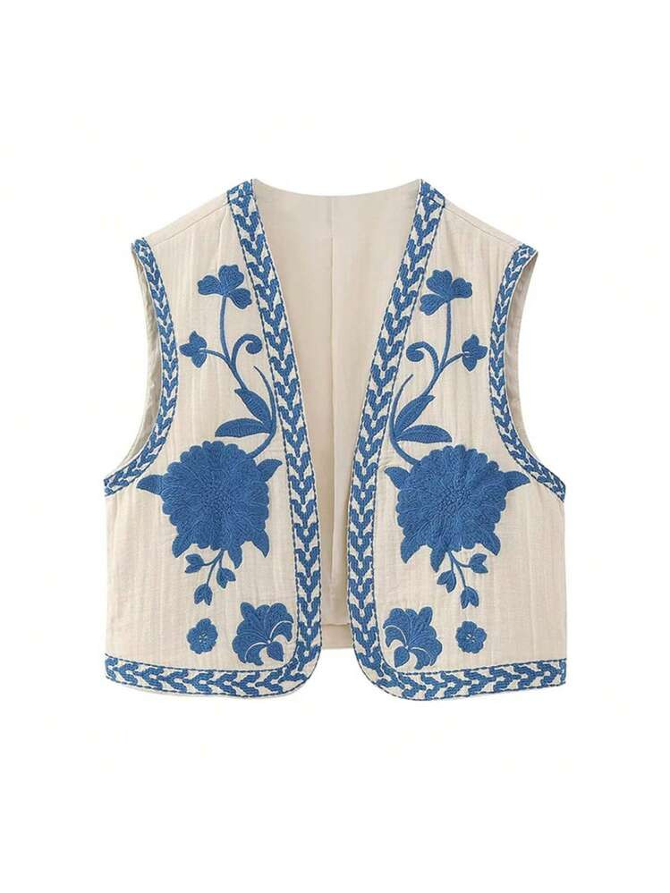 Women Vintage Embroidered Floral Vest Top Y2k Sleeveless Open Front Crop Vest Boho Floral Waistco... | SHEIN