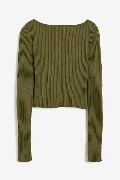 Cropped Shirt in Rippstrick - Khakigrün - Ladies | H&M AT | H&M (DE, AT, CH, NL, FI)