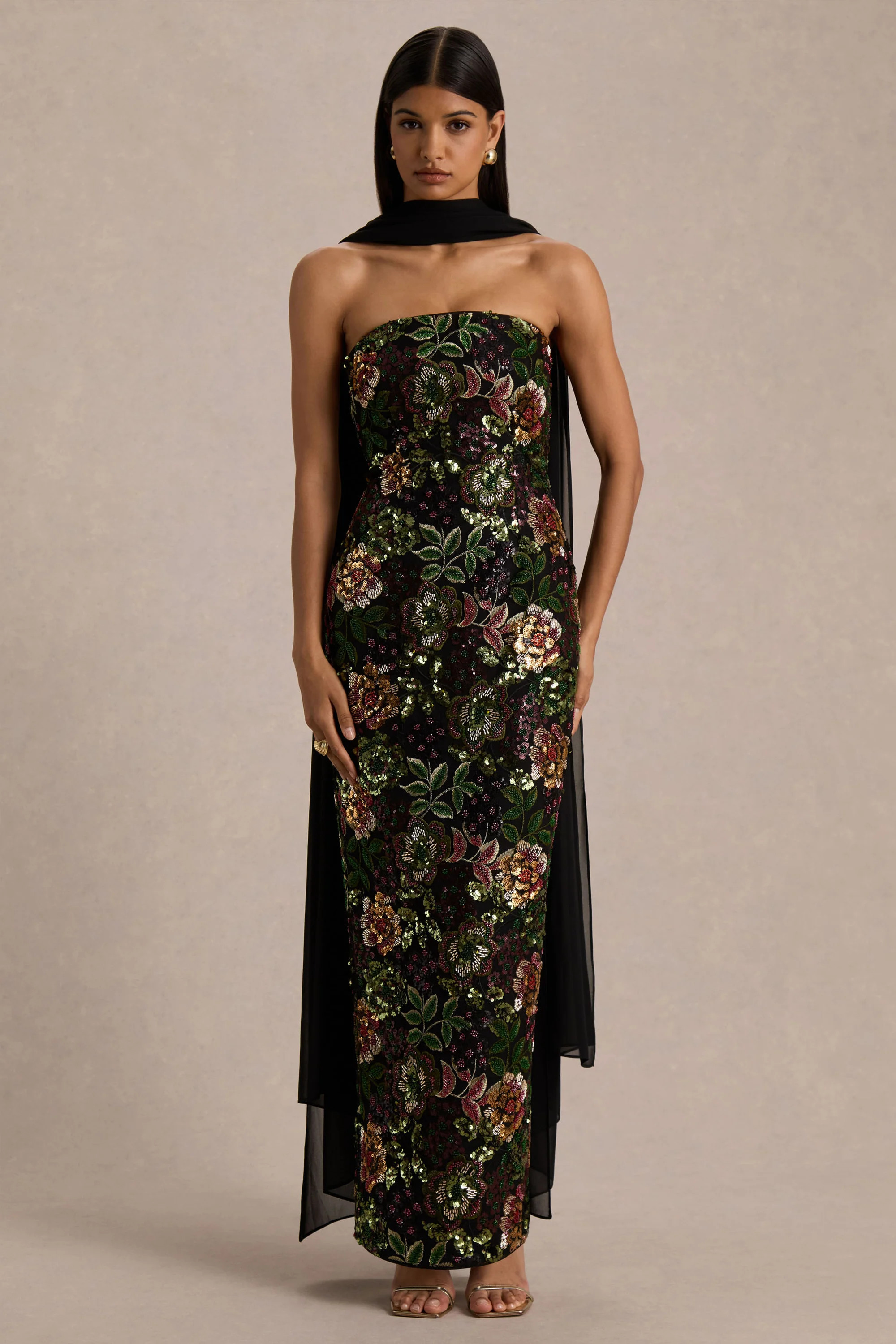 Cora | Winter Floral Embellished Mesh Bandeau Maxi Dress With Scarf | Club L London