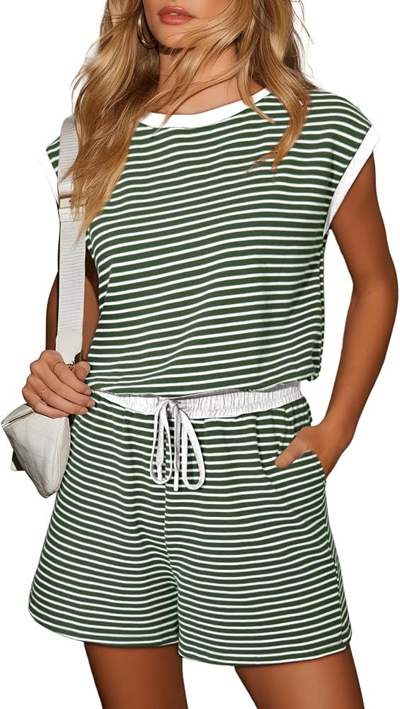 Dokotoo Women's Summer Casual Rompers Striped Shorts Overalls Adjustable Drawstring Waist Jumpsui... | Amazon (US)