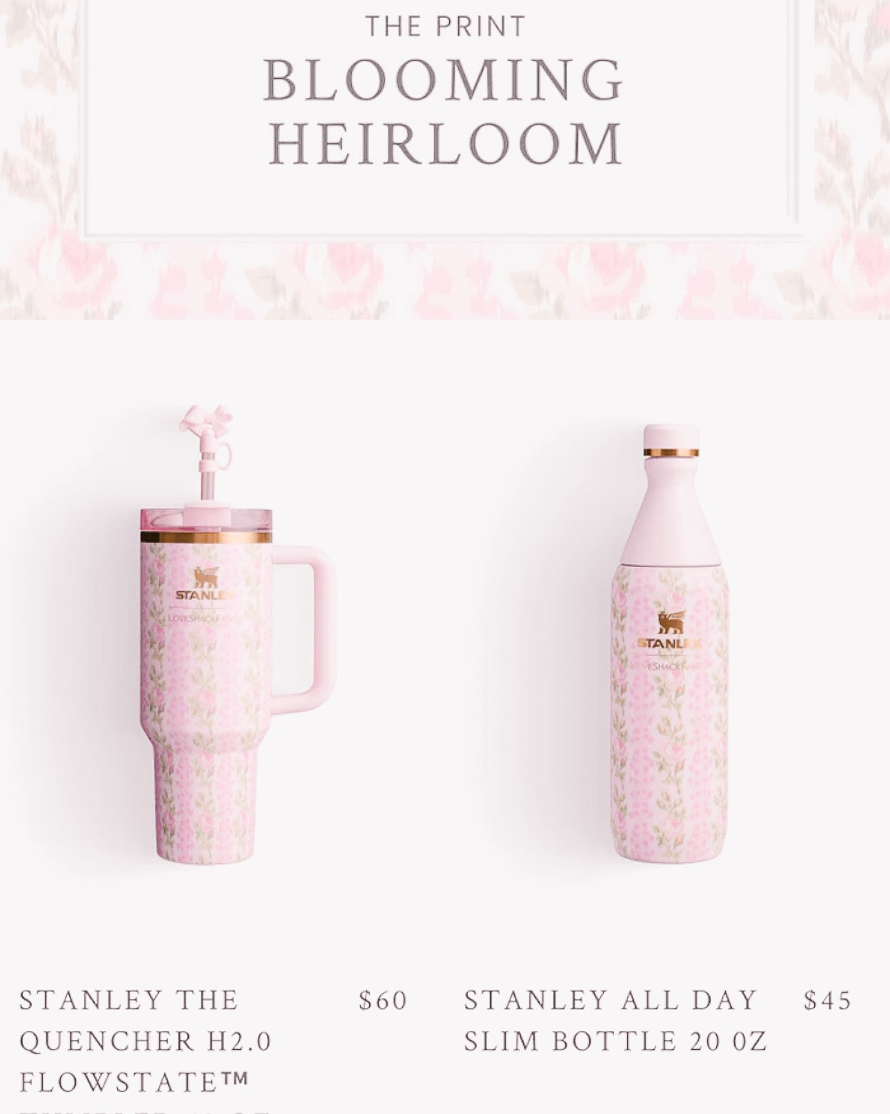 Hey y’all! I just found the cutest LoveShackFancy x Stanley collab and had to share! 🌸✨

I’ve got to be honest, I never quite got the Stanley hype—though I have a few—but THIS collab? Wow. LoveShackFancy’s floral, feminine touch on Stanley’s practical products? Yes, please!

Perfect for busy moms, these are must-haves for park days, playdates, and errands. The 40 oz. for moms and mini 20 oz. for littles are adorable. Plus, the Stanley all day slim version is stylish and delicate.

Available in:

	•	Blooming Heirloom
	•	Ribbon Rosa
	•	Happy Thoughts
	•	Everblooming Rosettes

Stay hydrated in chic style. Which print are you grabbing? 🌟

LoveShackFancy, Stanley, Collaboration, MomLife, StylishEssentials, MommyAndMe

#LTKBacktoSchool #LTKKids #LTKSeasonal