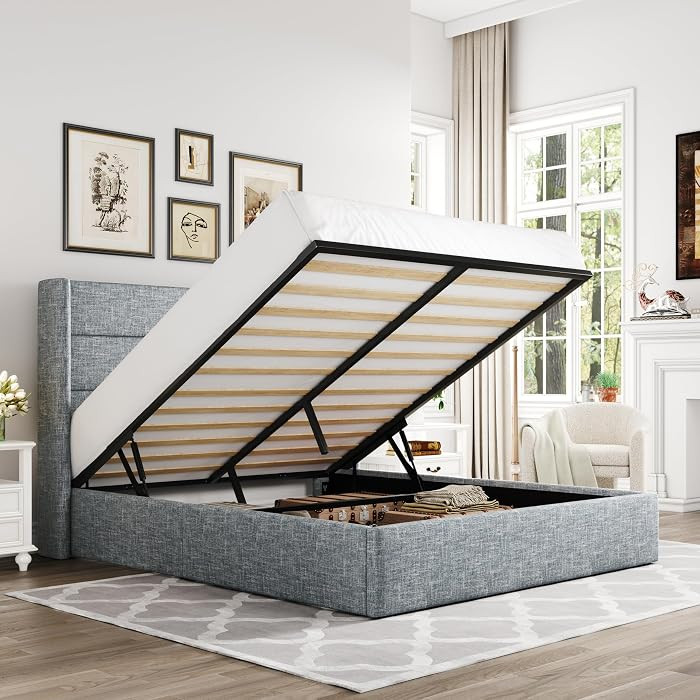 Allewie Queen Size Lift Up Hydraulic Storage Bed Frame Blue Grey | Amazon (US)
